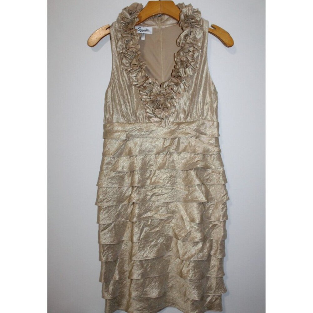 Lizzatti Collection Womens Gold Ruffle V Neck Sleeveless Tiered Sheath Dress 6